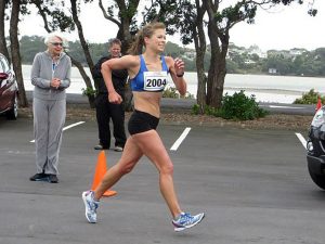 Top race walker Alana Barber is cheered on at the New Zealand long distance championships by her mother, Shirley Barber. Photo Fiona Free