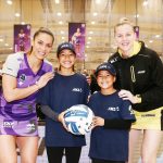 SPO Netball. Ata Heta aged 12 and Violet Heta aged 13 pose for a photo with Grace Kara of the Stars and Katrina Grant of the Pulse prior to the match.