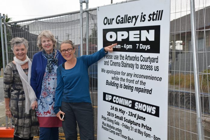 Waiheke Community Art Gallery staff, Linda Chalmers, Lynda Johnson and Kim Wesney