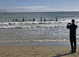 Taking the plunge - swimmers brave the biting cold waters at Palm Beach.
