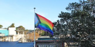 Waiheke High School flies the Progress Pride Flag in support of its rainbow community.